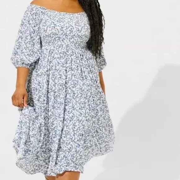 NWT Torrid Midi Washable Gauze Off The Shoulder Dress Floral Blue Plus Size 0 - Picture 1 of 12